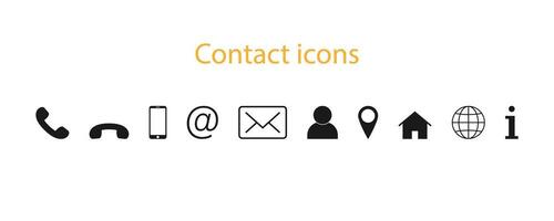 Contact icons set. Phone with mail sign. Message and globe icons. At sign with person silhouette. House with info sign. Isolated contact icons. Vector EPS 10.