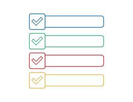 Check mark with empty box. Red, blue, green and yellow checklist. Isolated vote square window. Ok and yes tick in outline design. Transparent label. Feedback survey box. Vector EPS 10.