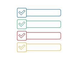 Check mark with empty box. Red, blue, green and yellow checklist. Isolated vote square window. Ok and yes tick in outline design. Transparent label. Feedback survey box. Vector EPS 10.