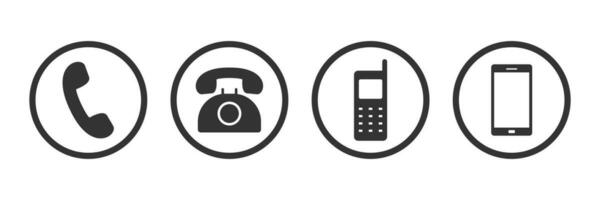 Phone icons collection. Isolated mobile and cellphone symbols. Retro phone and modern smartphone icons. Mobile cellular device. Black flat icons set. Vector EPS 10.