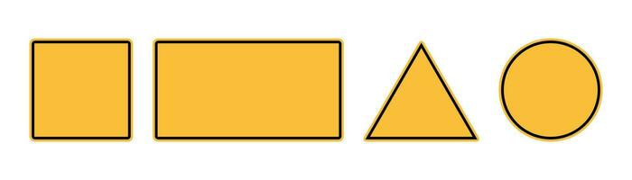 Blank warning road sign. Yellow street board set. Isolated rectange and square sign. Collection of round and triangle banners on white background. Orange warning frame. Vector EPS 10.