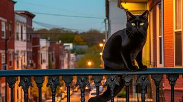 negro gato sentado en un barandilla a noche, en el estilo de vida en nuevo York ciudad. generado ai. foto