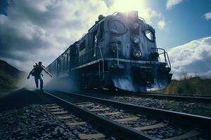 acción Disparo con hombre saltando apagado el tren. dinámica escena con ferrocarril carro en acción película éxito de taquilla estilo. generado ai. foto