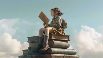 Chica de escuela lee el libro en el cielo, volador en su Sueños y fantasías. aprendizaje concepto con pequeño niña en el mundo de educación. generado ai. foto