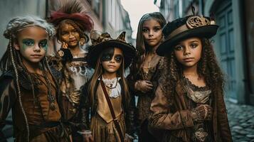 Little girls whith spooky Halloween makeup. Creepy and scary autumn holiday costumes on children for Halloween celebration. Generative AI. photo