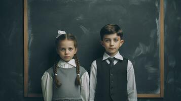 colegio alumno, chico y niña en pie en frente de negro tablero. colegio niños Pareja. generado ai. foto