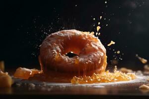 Donut expressive shot with topping and sugar powder splash. Tasty donut food styling image. Generative AI. photo