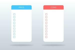 Pros and cons checklist. Isolated positive and negative survey. Evaluation of plus and minus. Pros and cons mockup in blue and red with check mark ticks. Compare pros and cons. Vector EPS 10.