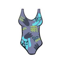 Female one-piece swimsuit. Modern blue swimwear with bright multicolor pattern. Women swimming clothes. Flat colorful vector illustration isolated on white background