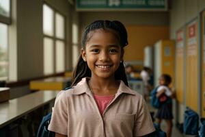 ai generativo linda niña niño en pie sonriente y con orgullo a colegio frente a cámara foto