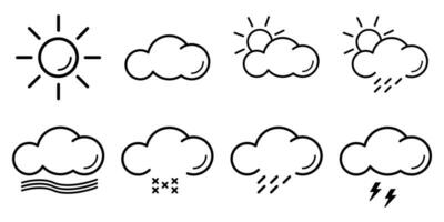 Outline weather icons. Isolated sun and cloud collection. Snow and wind sign set. Forecast weather icons on white background. Rain and storm vector illustration. EPS 10.