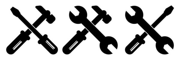 Repair service toolkit. Maintenance spanner and hammer silhouette icons. Isolated wrench and screwdriver symbols on white background. Settings pictogram. Fix emblem. Vector EPS 10.