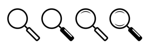 Magnifier glass icons. Isolated loupe collection on white background. Magnifying lens tool to explore and find. Zoom lupe pictogram. Transparent magnifier. Vector illustration. EPS 10.