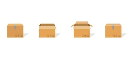 Carton box container set. Package delivery parcel with scotch and fragile sign. Open and closed carton pack with shadow. Warehouse symbol in flat design. Brown cardbox. Vector EPS 10.