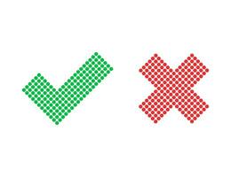 Checkmark and cross icons. Red and green positive and negative answer. Correct and incorrect sign. Yes and no iocns. Dotted style of check mark tick. Isolated X button. Error sign. Vector EPS 10.
