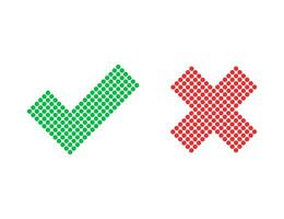 Checkmark and cross icons. Red and green positive and negative answer. Correct and incorrect sign. Yes and no iocns. Dotted style of check mark tick. Isolated X button. Error sign. Vector EPS 10.