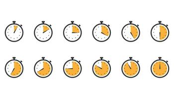 Stopwatch icons. Set of clock timer in flat design in orange. Counter watch with second arrow. Yellow stopwatch chronometer. Speed measure tool. Countdown from 5 to 60 seconds. Vector EPS 10.