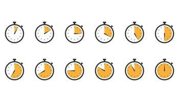 Stopwatch icons. Set of clock timer in flat design in orange. Counter watch with second arrow. Yellow stopwatch chronometer. Speed measure tool. Countdown from 5 to 60 seconds. Vector EPS 10.