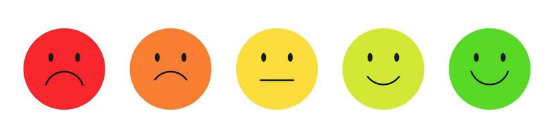 Smile rating review. Isolated colored feedback emoticon face on white background. Sad and happy smiley icons. Neutral yellow cartoon face. Satisfaction survey scale. Vector illustration. EPS 10.