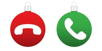 Accept and decline button in Christmas style. Ringing xmas balls. Merry Christmas bulbs. Isolated round buttons for smartphone. Hanging bauble in red and green in gradient. Vector EPS 10.