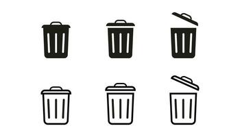 Set of trash bin icons in outline and bold design. Garbage rubbish sign. Recycling basket container. Utilization bucket in simple style. Isolated garbage trashbin. Vector EPS 10.