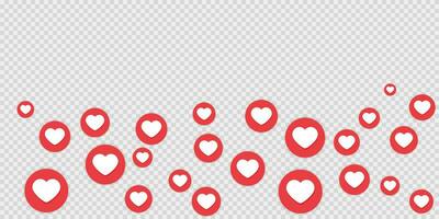 Social media like buttons. Heart in red circle in live chat. Falling like symbol on transparent background. Isolated rate illustration. Social media marketing template in flat. Vector EPS 10.