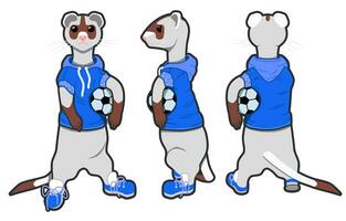 Set of polecat athlete badges with a ball in front of him. Mink mascot from all sides. Cartoon vector icon of mink from different angles for web design