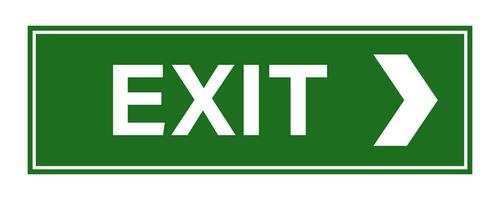 Green exit sign. Emergency way. Escape door for evacuation. Fire exit with arrow sign. Safety place in building. Isolated rescue board on white background. Vector EPS 10.