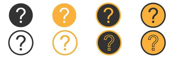 Question mark icons collection. Round help symbol on white background. Isolated faq set in black and yellow. Bold and outline design of question mark pictogram. Vector EPS 10