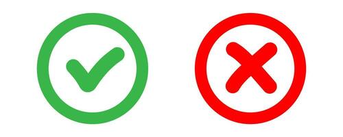 Green tick and red cross sign. Checkmark icons set. Wrong symbol. Correct tick. Round yes and no icons vector