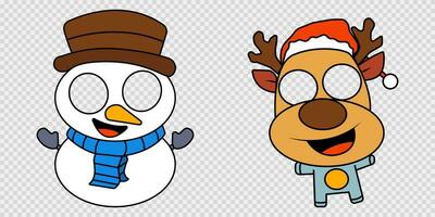 Snowman and deer characters for kids. Reindeer mask with transparent eyes. Snowman funny cartoon with carrot nose. Isolated Christmas collection for children. Masquerade party. EPS 10. vector