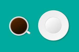 Realistic cup of coffee and white plate. Classic latte with empty saucer. Isolated morning illustration with mocha or tea mockup. Ceramic plate and cup. Vector EPS 10.