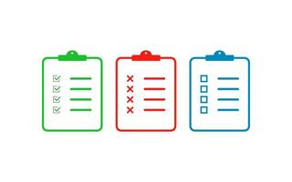 Set of clipboard documents in green, red and blue. Checklist paper with square box and ticks with cross. Chekbox test notebook. Isolated clipboard form. Survey report book. Vector EPS 10.