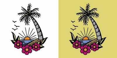 two different palm trees and flowers on a beach vector