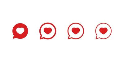 Social media bubble button with heart inside. Isolated red like icon. Speech bubble in bold and outline thin design. Notification sign in red bubble and white heart. Vector EPS 10.