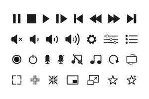 Media player icons set. Video and audio controller buttons. Music and multimedia navigation collection. Microphone icon with volume sign. Equalizer tool with play and stop vector