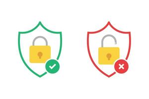 Opened and closed padlock icon. Secure and without protection lock sign. Green and red shield sign with padlock icon inside. Right and wrong checkmark in circle. Protected and not secure lock. vector