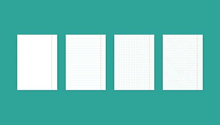 Set of paper sheet. Blank notebook with lines and grid. Diagonal lines and straight in flat design on white paper. School diary notepad. Blank notepaper with shadow. Vector EPS 10.