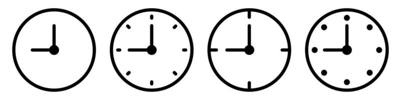 Outline clock icons set. Isolated watch symbol on white background. Thin wall clock in black color  with minute and hour arrow. Chronometer silhouette in flat. Vector EPS 10.