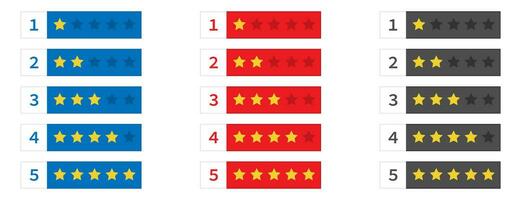 Rating review stars. Set of yellow stars from one to five. Isolated rank classification. Feedback evaluation on website. The quality of service and product. Cartoon rate in blue, red and grey. EPS 10. vector