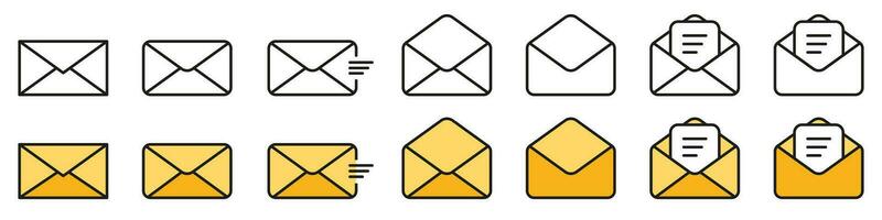 Mail envelope set. Transparent and colored envelope symbol. Contact us collection. Message icon. Postal address sign. Yellow and black mail collection. Vector EPS 10