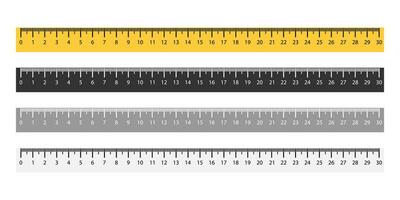 Set of ruler metric measurement in yellow and black colors. Isolated measure tool from 1 to 30 cm. Horizontal rulet with mm sign. Distance measuring math instrument. Vector EPS 10.