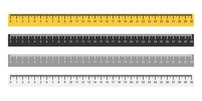 Set of ruler metric measurement in yellow and black colors. Isolated measure tool from 1 to 30 cm. Horizontal rulet with mm sign. Distance measuring math instrument. Vector EPS 10.