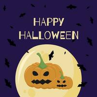 The vector illustration of Happy Halloween can be used as a banner or a greeting card. Pumpkin, bats, and a moon on a violet background.