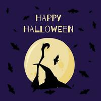 The vector illustration of Happy Halloween can be used as a banner or a greeting card. Witch hat and broom, bats, on a violet background.