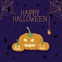 The vector illustration of Happy Halloween can be used as a banner or a greeting card. Pumpkin, bats, and a spider web on a violet background.