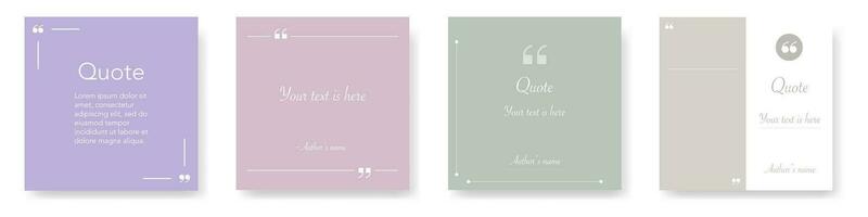 Quote box template. Isolated quotation frame mockup. Pink and light green colors. Text brackets with commas. Dialog square textbox. Simple modern template of speech bubble box. EPS 10. vector