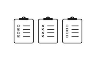 Clipboard with checkmark, cross and empty box. Checklist document. Note book with tick sign. Survey illustration with report page. Isolated clipboard sign. Set of task document. EPS 10. vector