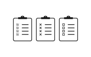 portapapeles con marca de verificación, cruzar y vacío caja. Lista de Verificación documento. Nota libro con garrapata signo. encuesta ilustración con reporte página. aislado portapapeles signo. conjunto de tarea documento. eps 10 vector