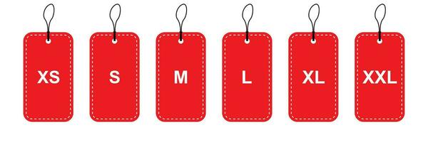 Size label tag in red. Isolated clothing size on white background. Smal, medium and large shopping tag. Dashed label collection. Vector illustration. EPS 10.